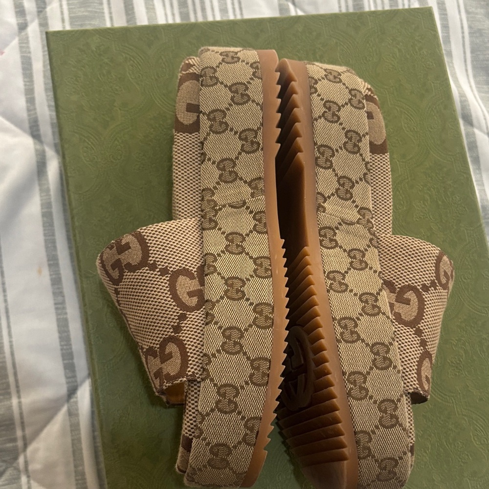 Gucci Brown & Beige GG Monogram Platform Slides - Picture 7 of 10